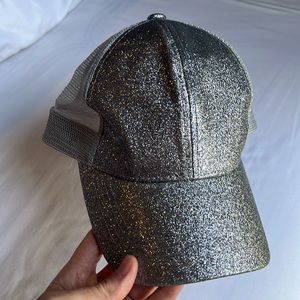 Silver glitter cap with hole for ponytail
